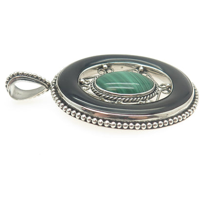 MERAV 925 Sterling Silver Vintage Real Black Onyx & Malachite Oval Pendant