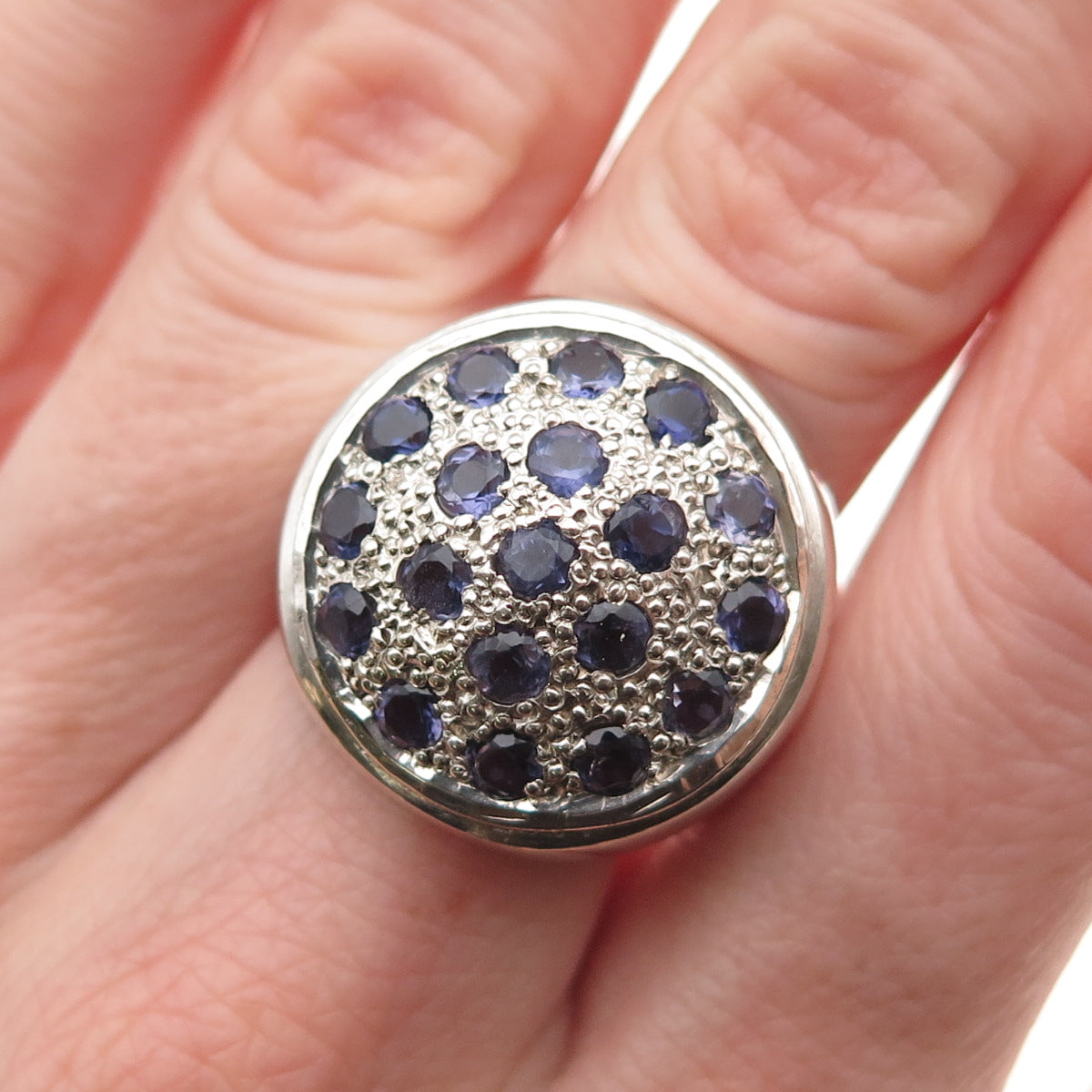 925 Sterling Silver Vintage Real Round-Cut Iolite Ring Size 7.75