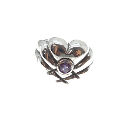 925 Sterling Silver Vintage Real Amethyst Modernist Heart Ring Size 9.25
