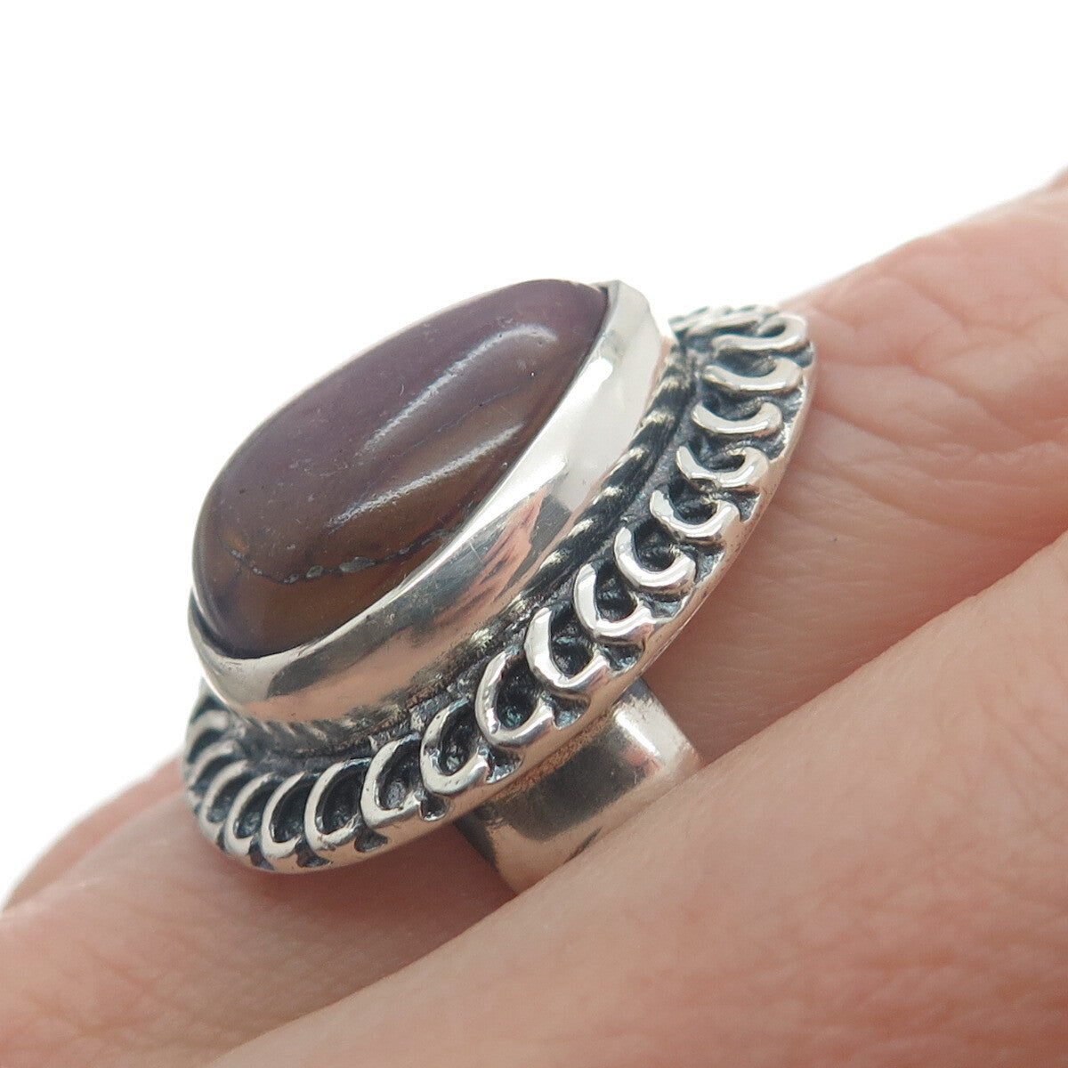 925 Sterling Silver Vintage Real Pear-Cut Purple Jasper Oxidized Ring Size 8.5