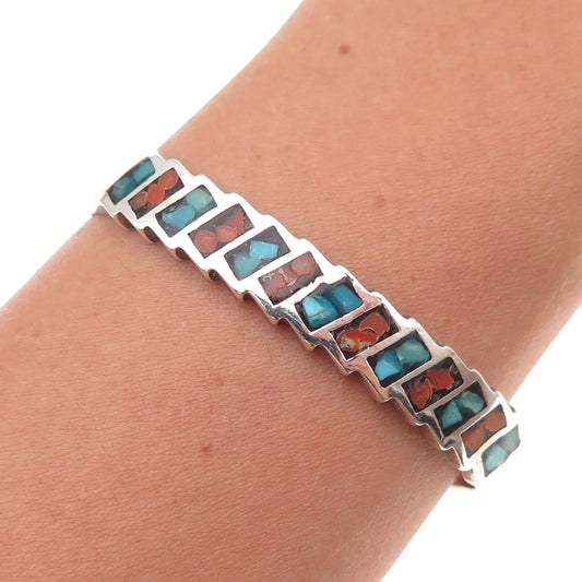 Jeanne Felix Tsinijinnie Navajo Old Pawn Sterling Turquoise Coral Bracelet 5.75"