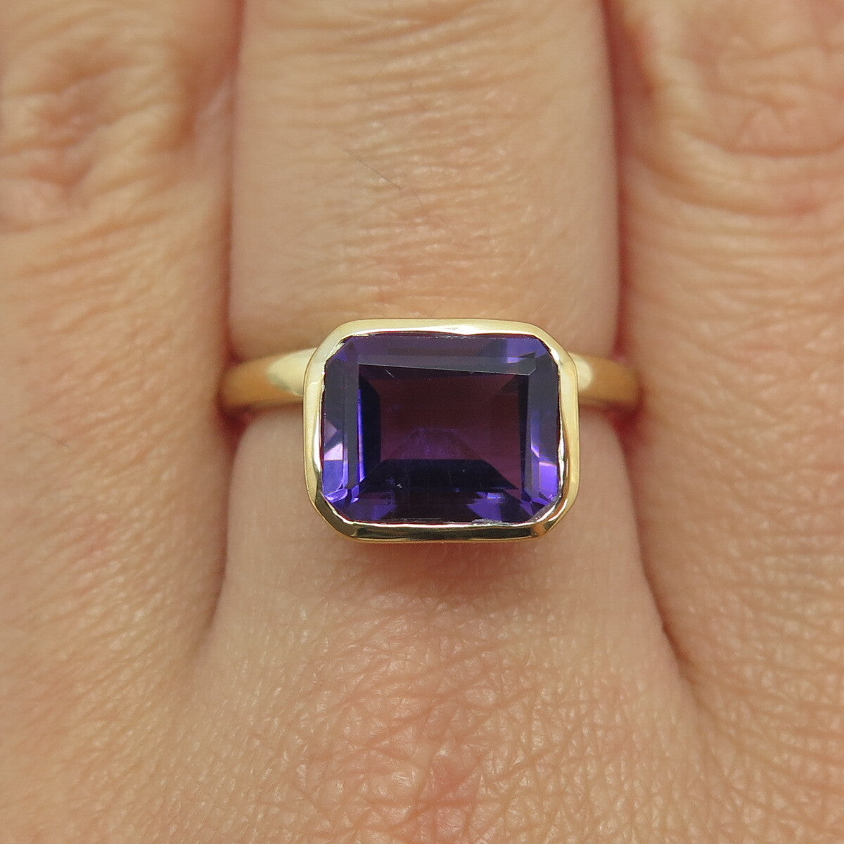 DSMK 925 Sterling Silver Gold Plated Real Emerald-Cut Amethyst Ring Size 6.75