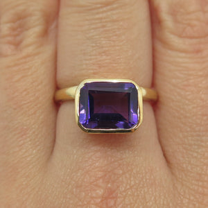 DSMK 925 Sterling Silver Gold Plated Real Emerald-Cut Amethyst Ring Size 6.75