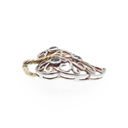 925 Sterling Silver 2-Tone Vintage Real Sapphire Floral Leaf Charm Pendant