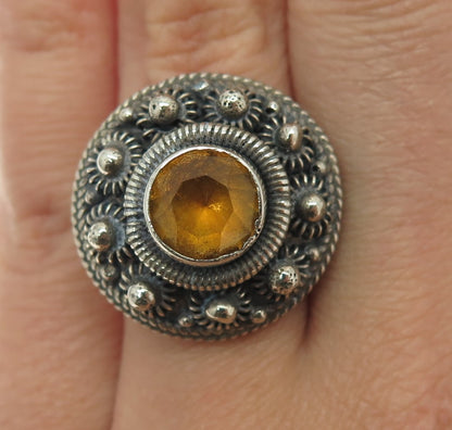 925 Sterling Silver Antique Siam Citrine Cannetille Adjustable Ring Size 6.5