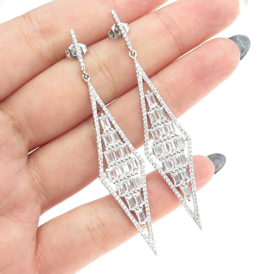 925 Sterling Silver Emerald-Cut Shaped C Z Rhombus Elongated Dangling Earrings