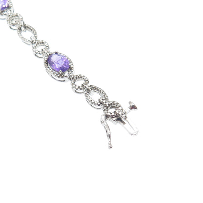 925 Sterling Silver Real Diamond Accent & Amethyst Gem Rolo Link Bracelet 7.25"