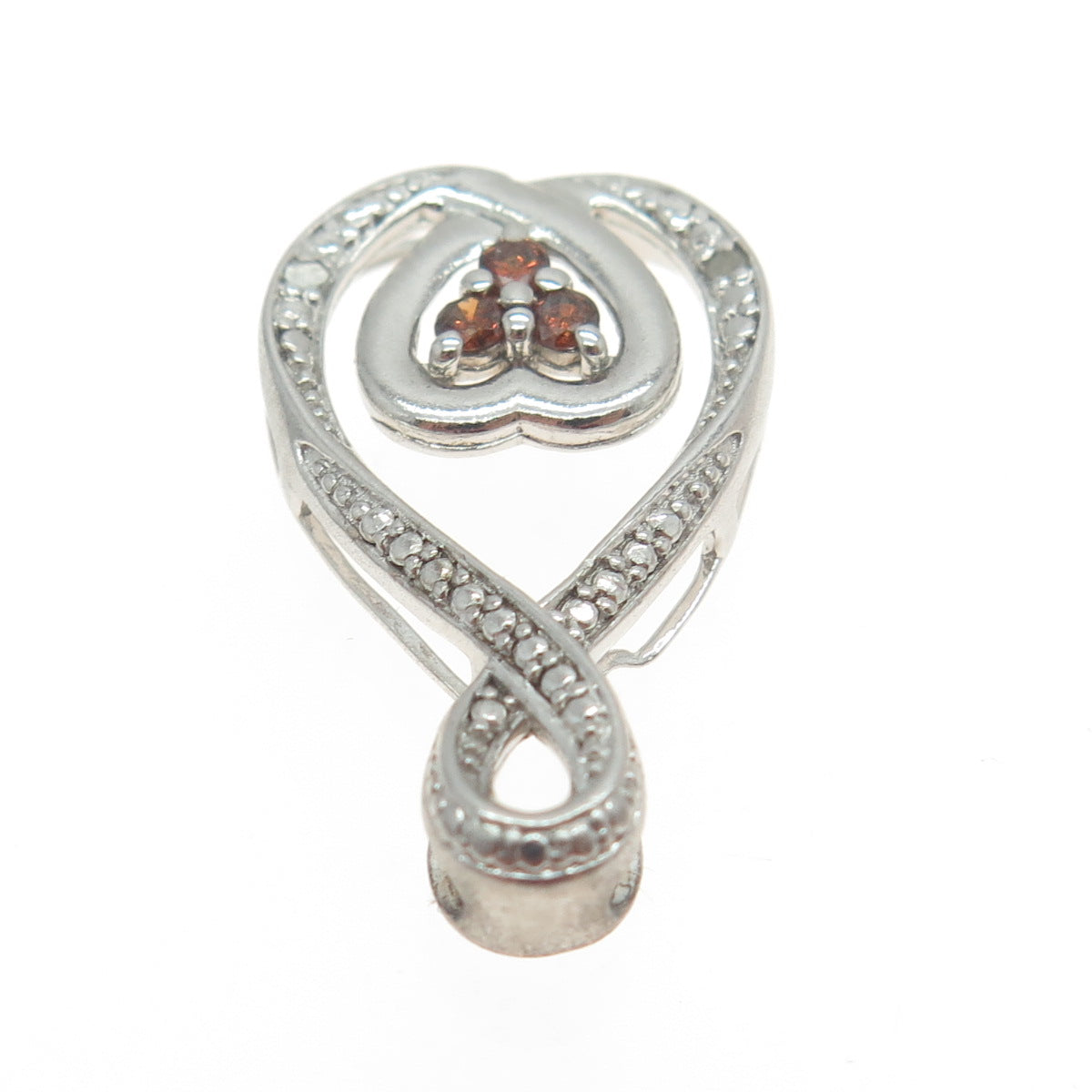 925 Sterling Silver Real Round-Cut Cognac & White Diamond Heart Slide Pendant