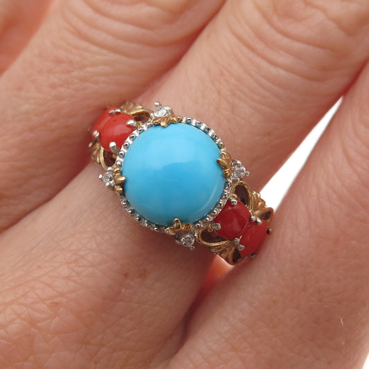 Chuck Clemency Sterling Silver 2-Tone Real Turquoise Coral Topaz Ring Size 8.25