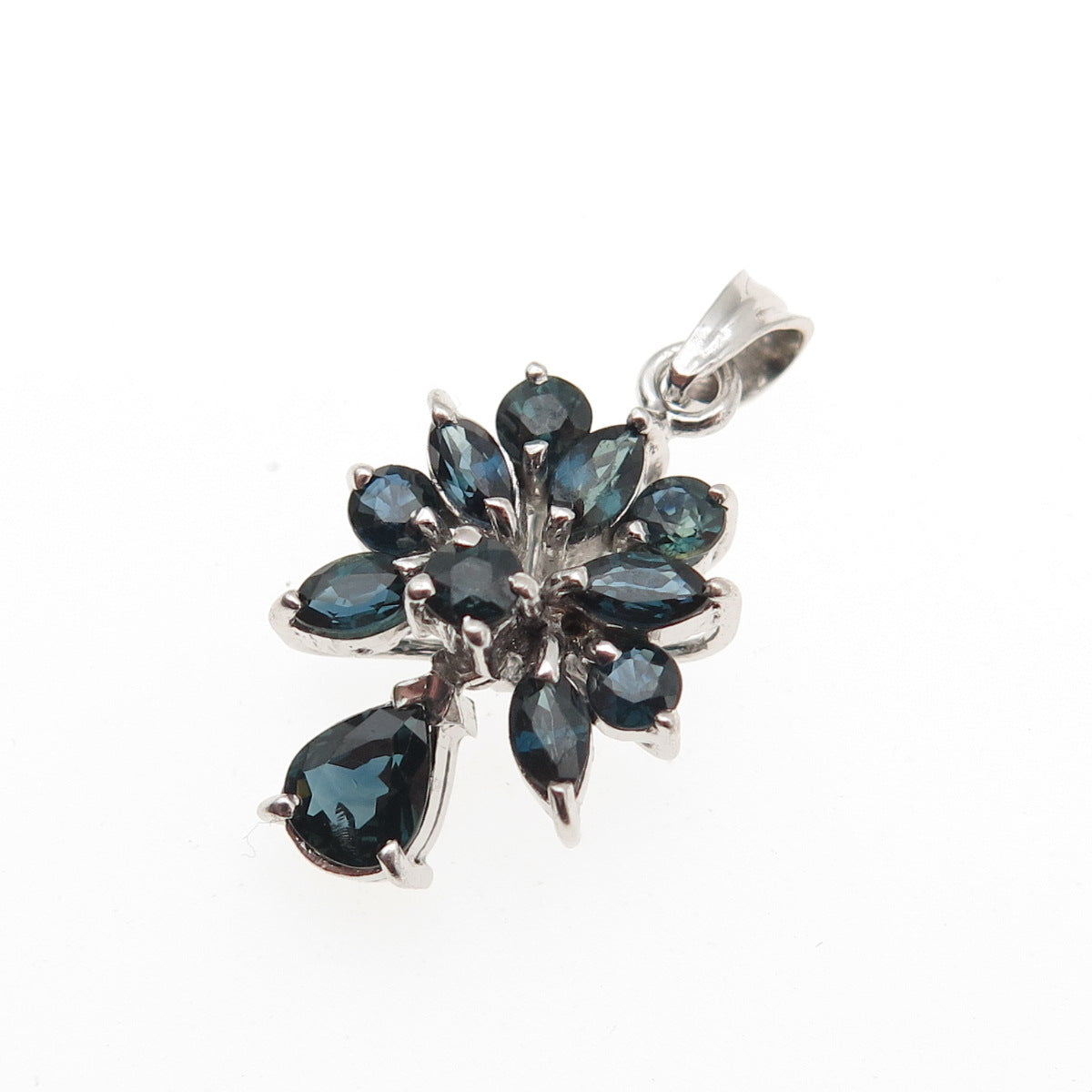 925 Sterling Silver Vintage Real Multi-Cut Sapphire Cluster Charm Pendant