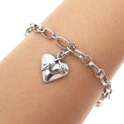 925 Sterling Silver Vintage Heart 5-Charm Oxidized Bracelet 7"