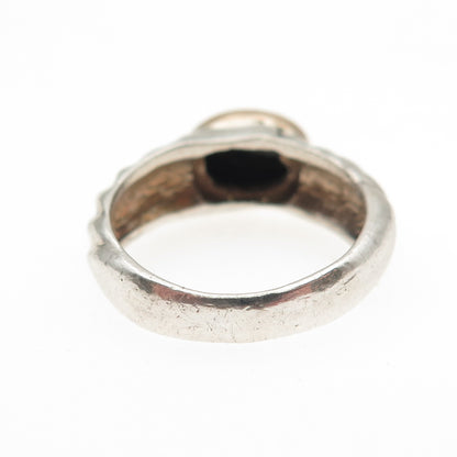 925 Sterling Silver 14K Gold Vintage Real Black Onyx Modernist Ring Size 6.25