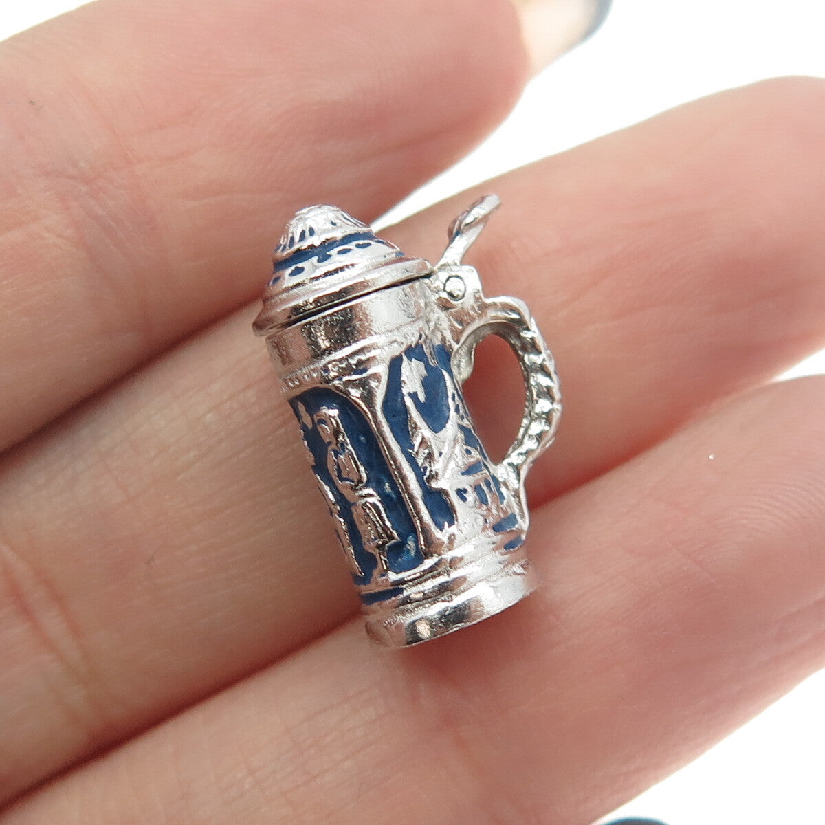 CROWN SILVER 925 Sterling Silver Antique Enamel Proposal Beer Stein Pendant