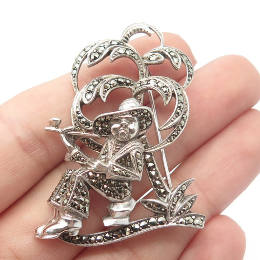 925 Sterling Silver Vintage Germany Marcasite Gem Man w/ Pipe & Palm Pin Brooch