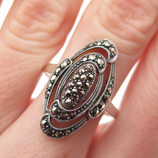 925 Sterling Silver Antique Art Deco Real Marcasite Oxidized Ring Size 10.5