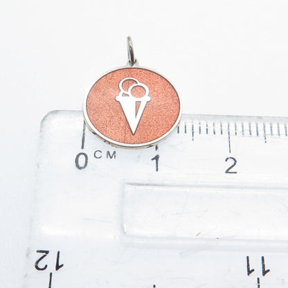 925 Sterling Silver Peach Enamel Ice Cream Round Tag Minimalist Charm Pendant