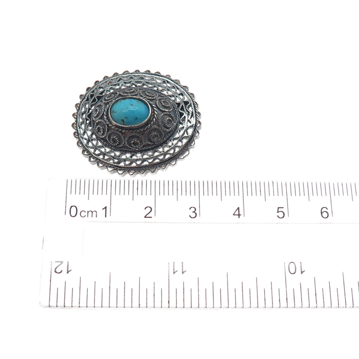 925 Sterling Silver Antique Art Deco Real Turquoise Filigree Oxidized Pin Brooch