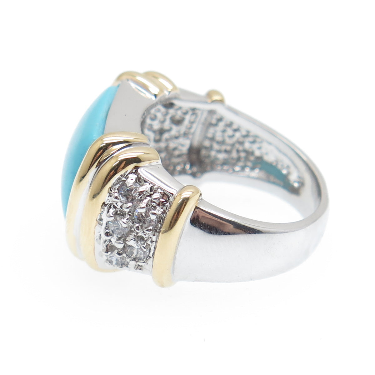 ROSS SIMONS 925 Sterling Silver 2-Tone Faux Turquoise & C Z Ring Size 6