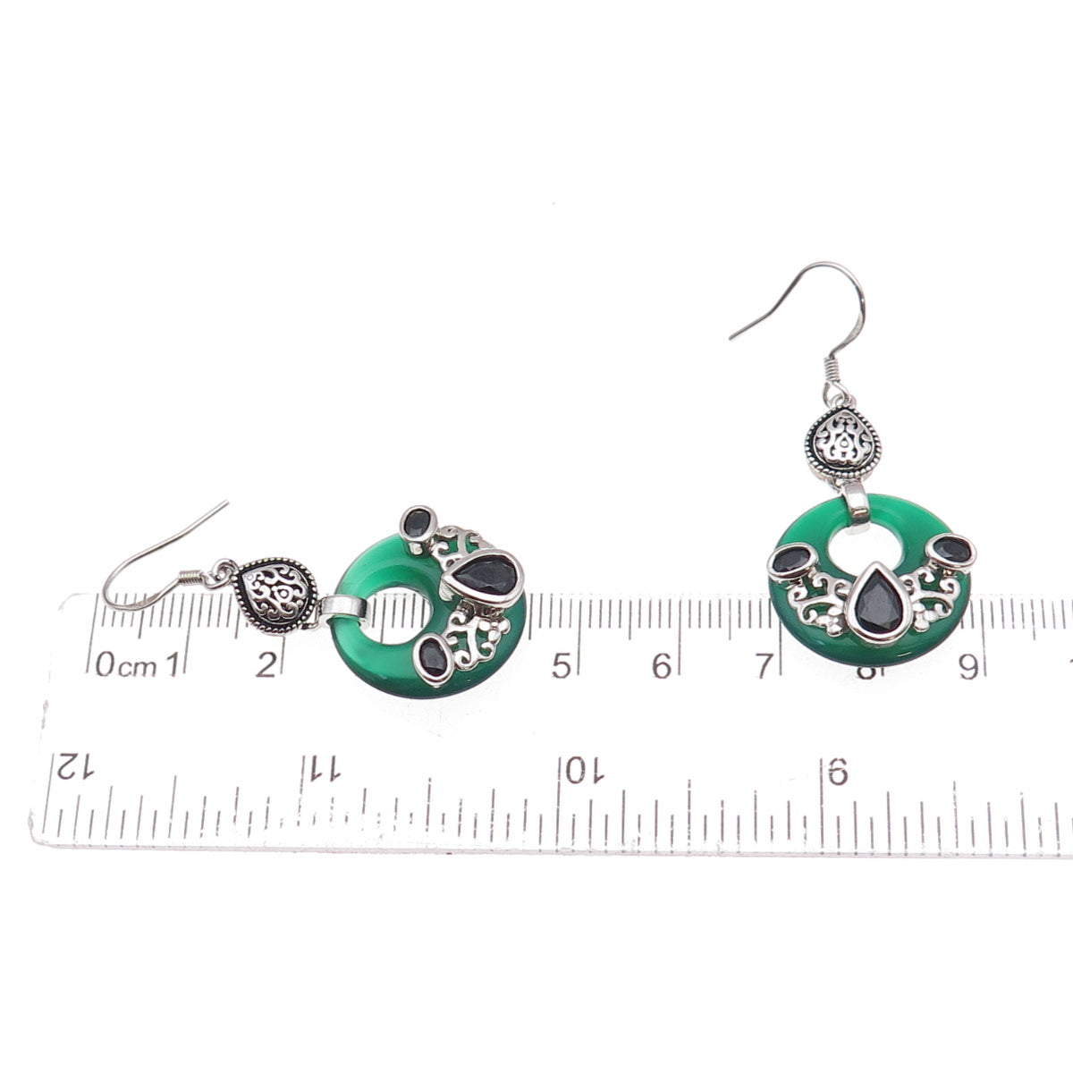 925 Sterling Silver Vintage Real Black & Green Onyx Oxidized Dangle Earrings