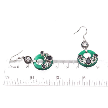 925 Sterling Silver Vintage Real Black & Green Onyx Oxidized Dangle Earrings