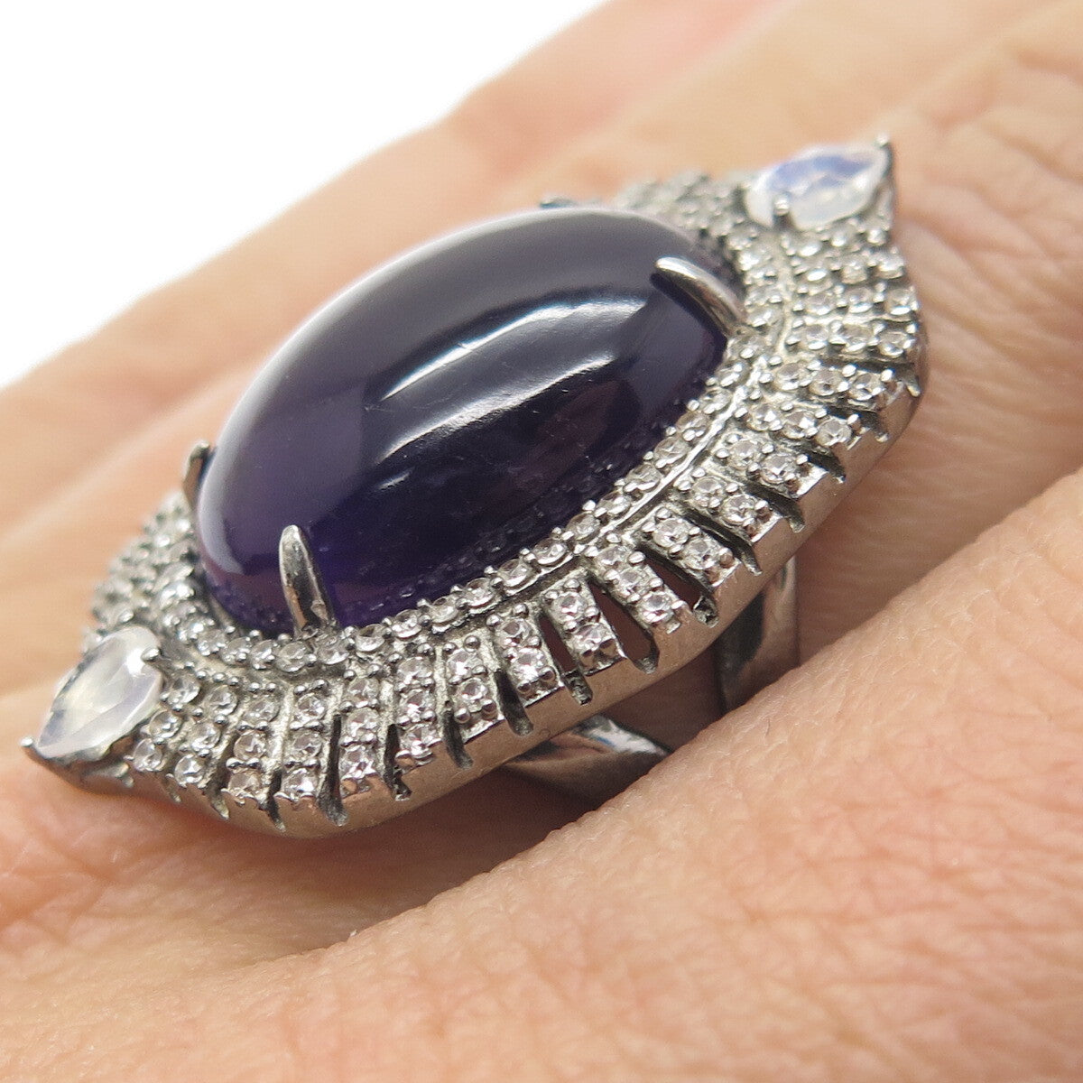 925 Sterling Silver Black Rhodium Vintage Amethyst Moonstone & Topaz Ring Size 7