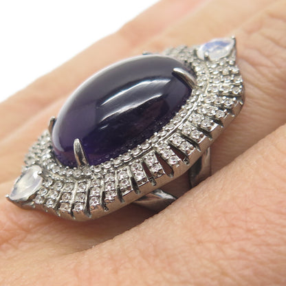 925 Sterling Silver Black Rhodium Vintage Amethyst Moonstone & Topaz Ring Size 7