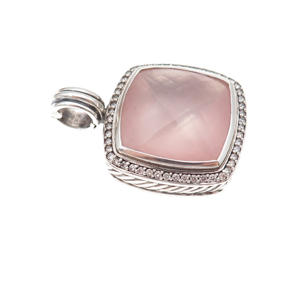 David Yurman Sterling Silver Vintage Real Diamond & Rose Quartz Albion Pendant