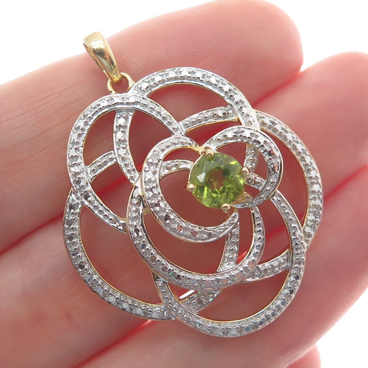 ROSS SIMONS Sterling Gold Plated Real Diamond Accent & Peridot Flower Pendant