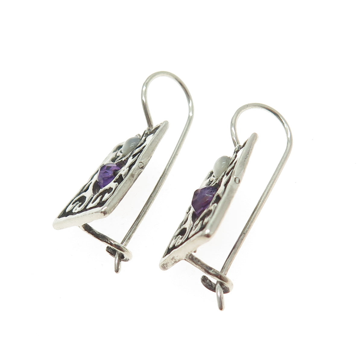 925 Sterling Silver Vintage Real Mother-of-Pearl & Amethyst Gem Ornate Earrings