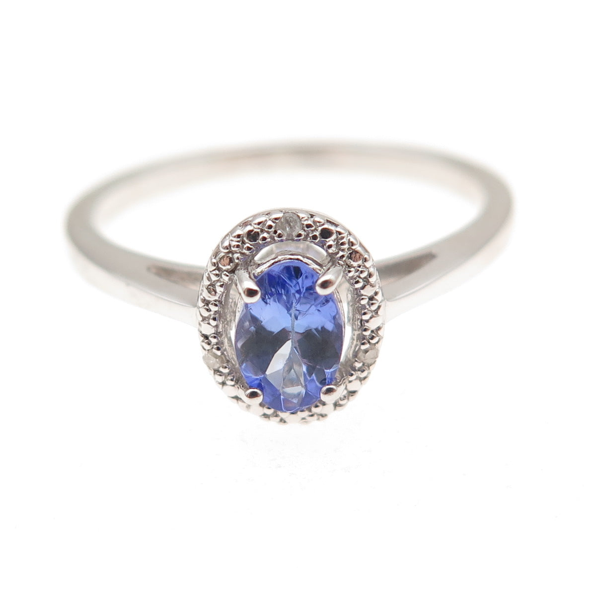 925 Sterling Silver Real Round-Cut Diamond & Oval-Cut Tanzanite Ring Size 8