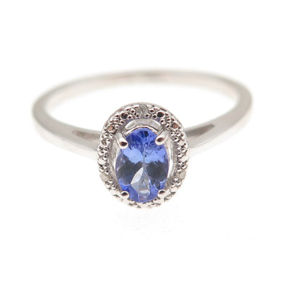 925 Sterling Silver Real Round-Cut Diamond & Oval-Cut Tanzanite Ring Size 8