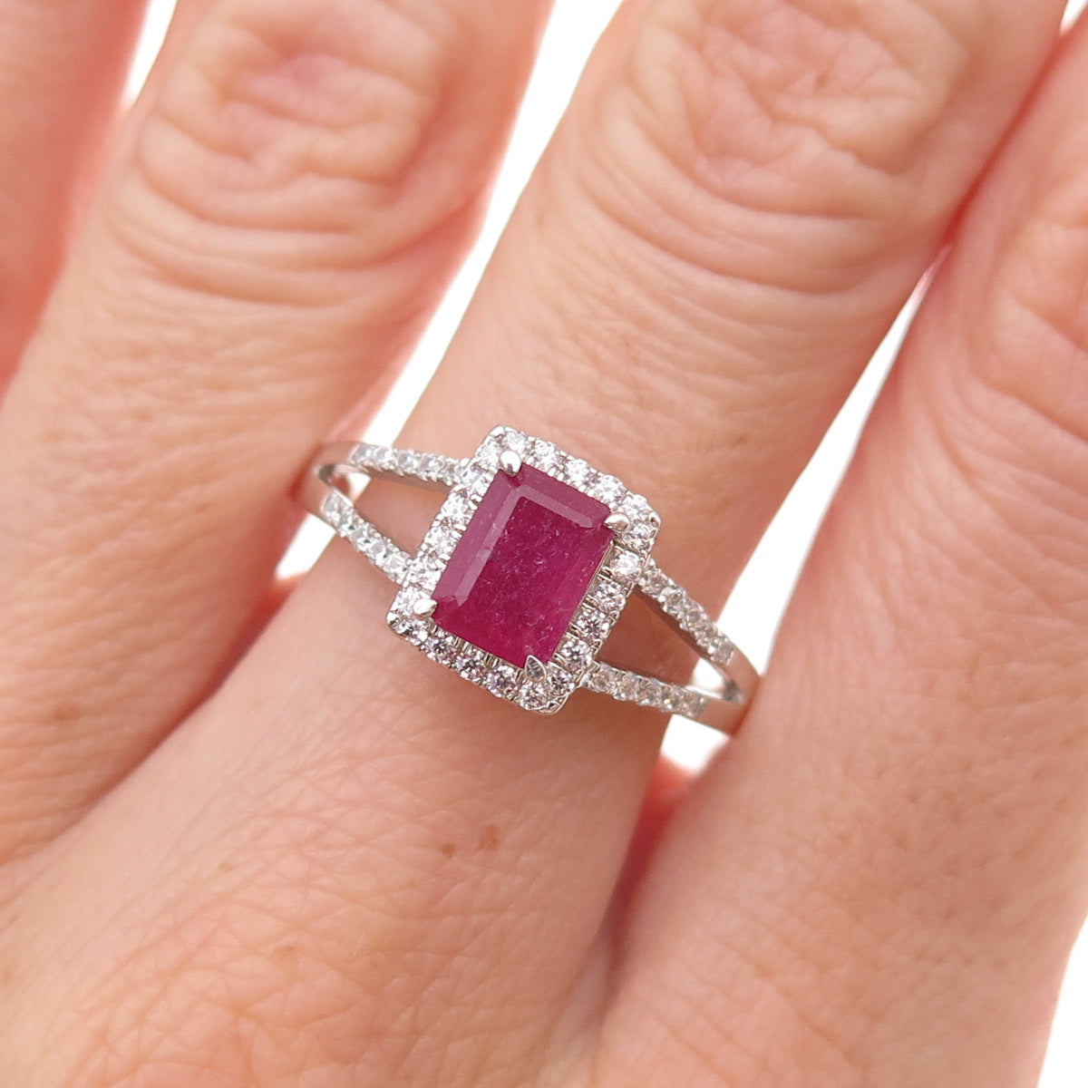 925 Sterling Silver Real Emerald-Cut Ruby & Round-Cut C Z Ring Size 9