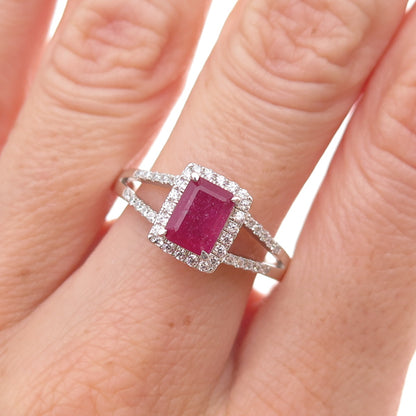 925 Sterling Silver Real Emerald-Cut Ruby & Round-Cut C Z Ring Size 9