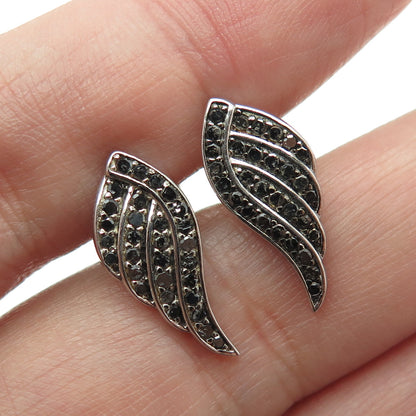 925 Sterling Silver Real Round-Cut Black Diamond Angel Wing Earrings