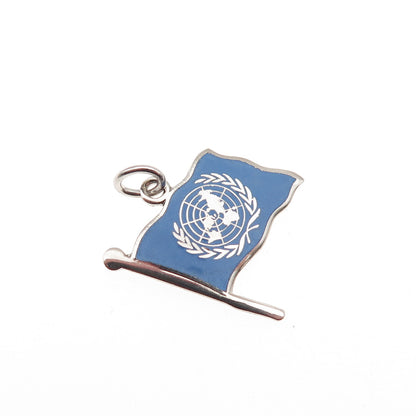 925 Sterling Silver Vintage Enamel United Nations Flag Mini Charm Pendant