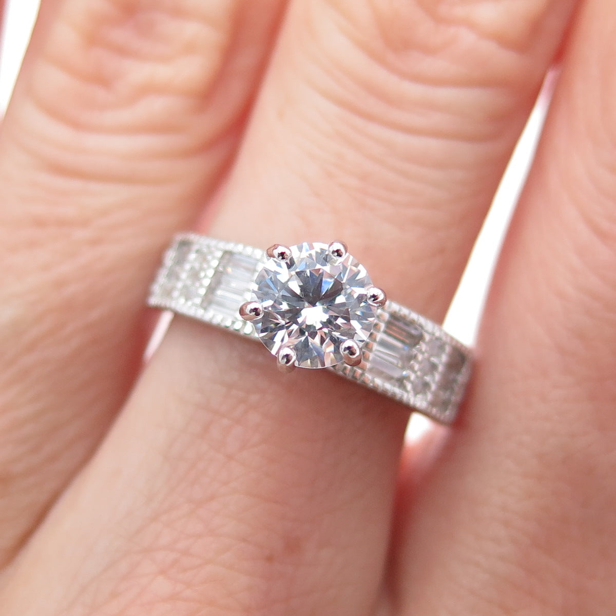 925 Sterling Silver Round & Emerald-Cut C Z Engagement Ring Size 7.25