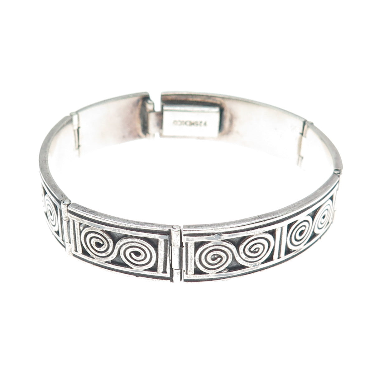 925 Sterling Silver Vintage Mexico Spiral Panel Link Oxidized Bracelet 7"