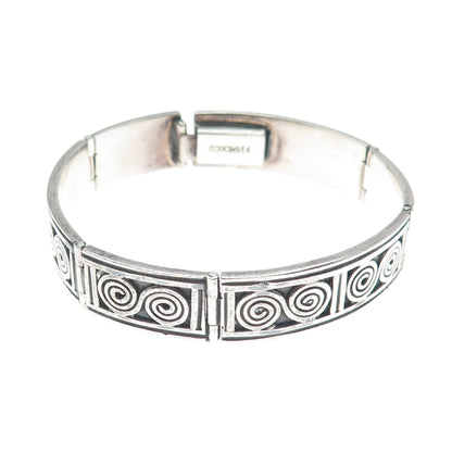 925 Sterling Silver Vintage Mexico Spiral Panel Link Oxidized Bracelet 7"