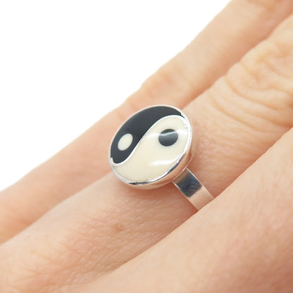 925 Sterling Silver Vintage Black & White Enamel Yin Yang Ring Size 5.25