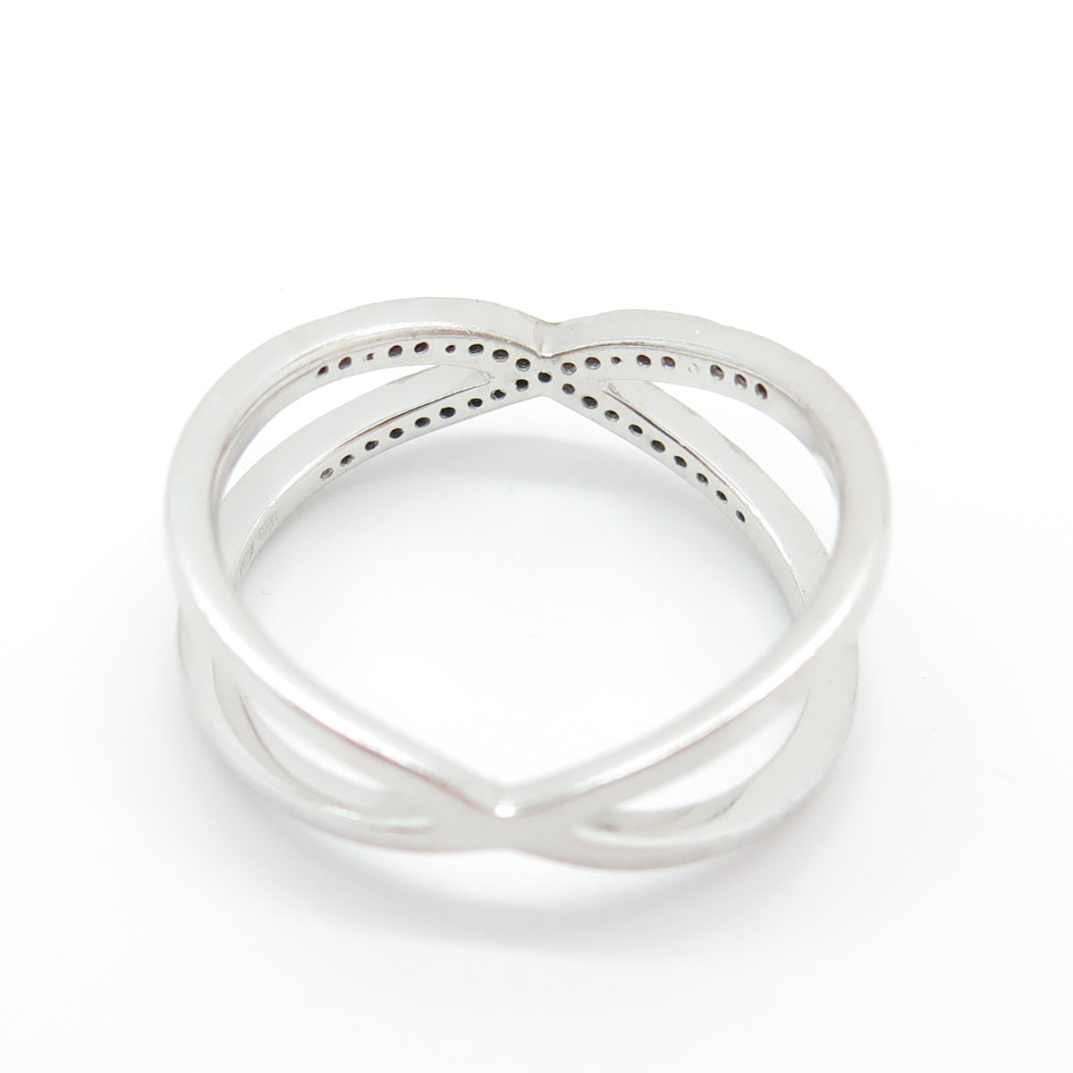 925 Sterling Silver Real Round-Cut Black Diamond Crisscross Ring Size 7.75