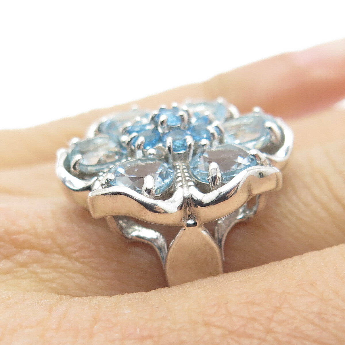 925 Sterling Silver Real Swiss & Blue Topaz Gemstone Flower Wide Ring Size 7.25