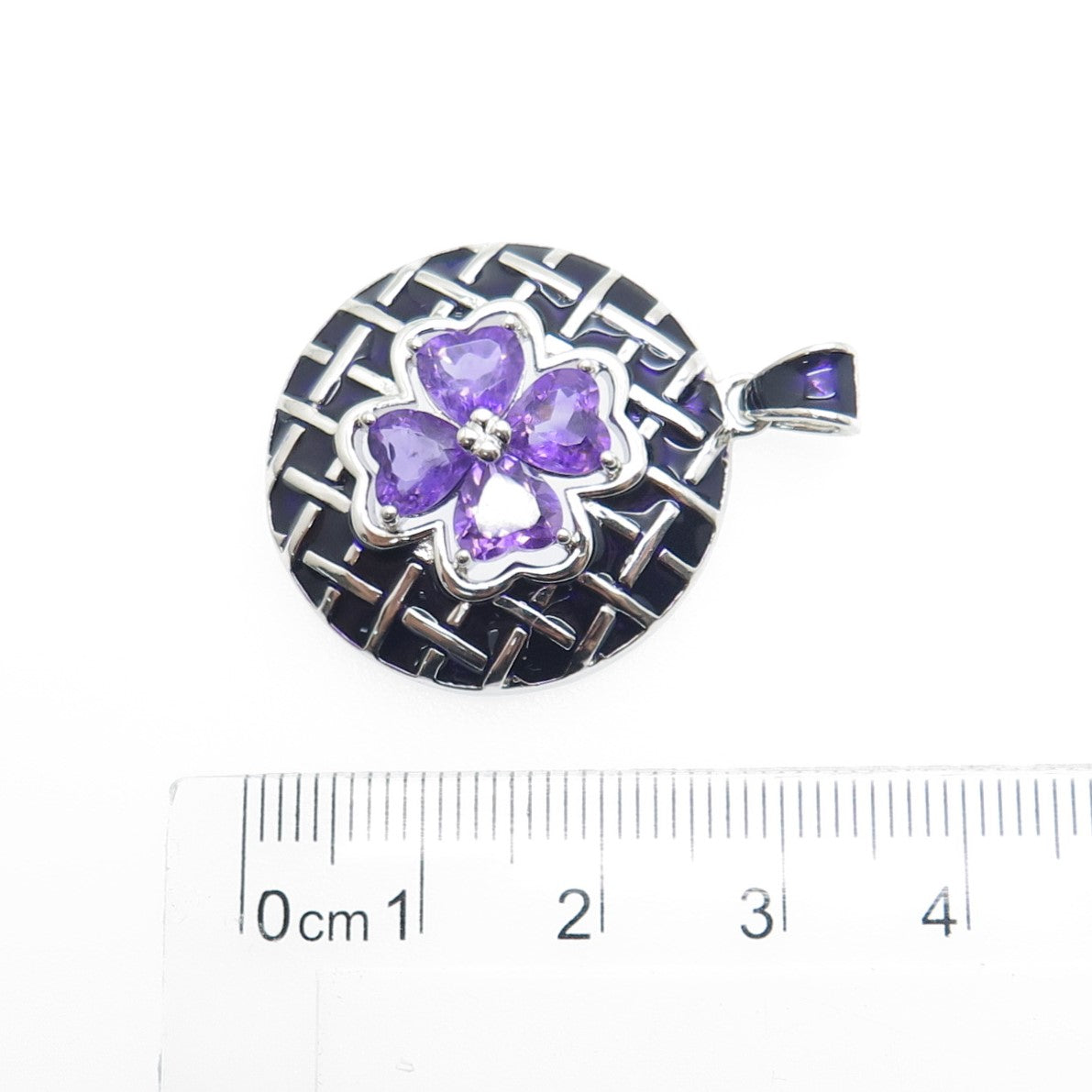 ROSS SIMONS 925 Sterling Silver Enamel Real Amethyst Heart Clover Pendant