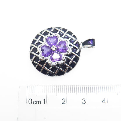 ROSS SIMONS 925 Sterling Silver Enamel Real Amethyst Heart Clover Pendant