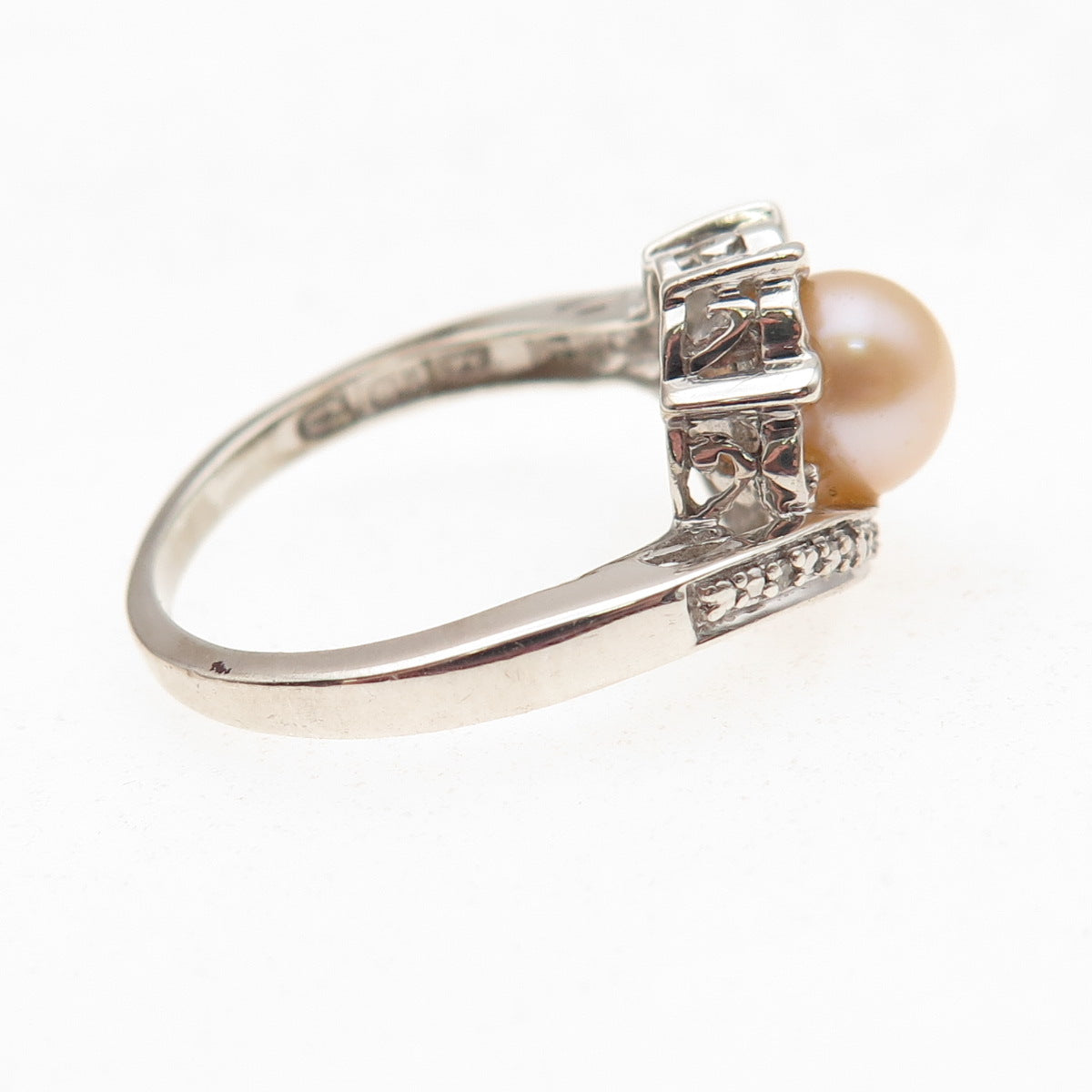 925 Sterling Silver Real Round-Cut Diamond & Pearl Ring Size 6.75
