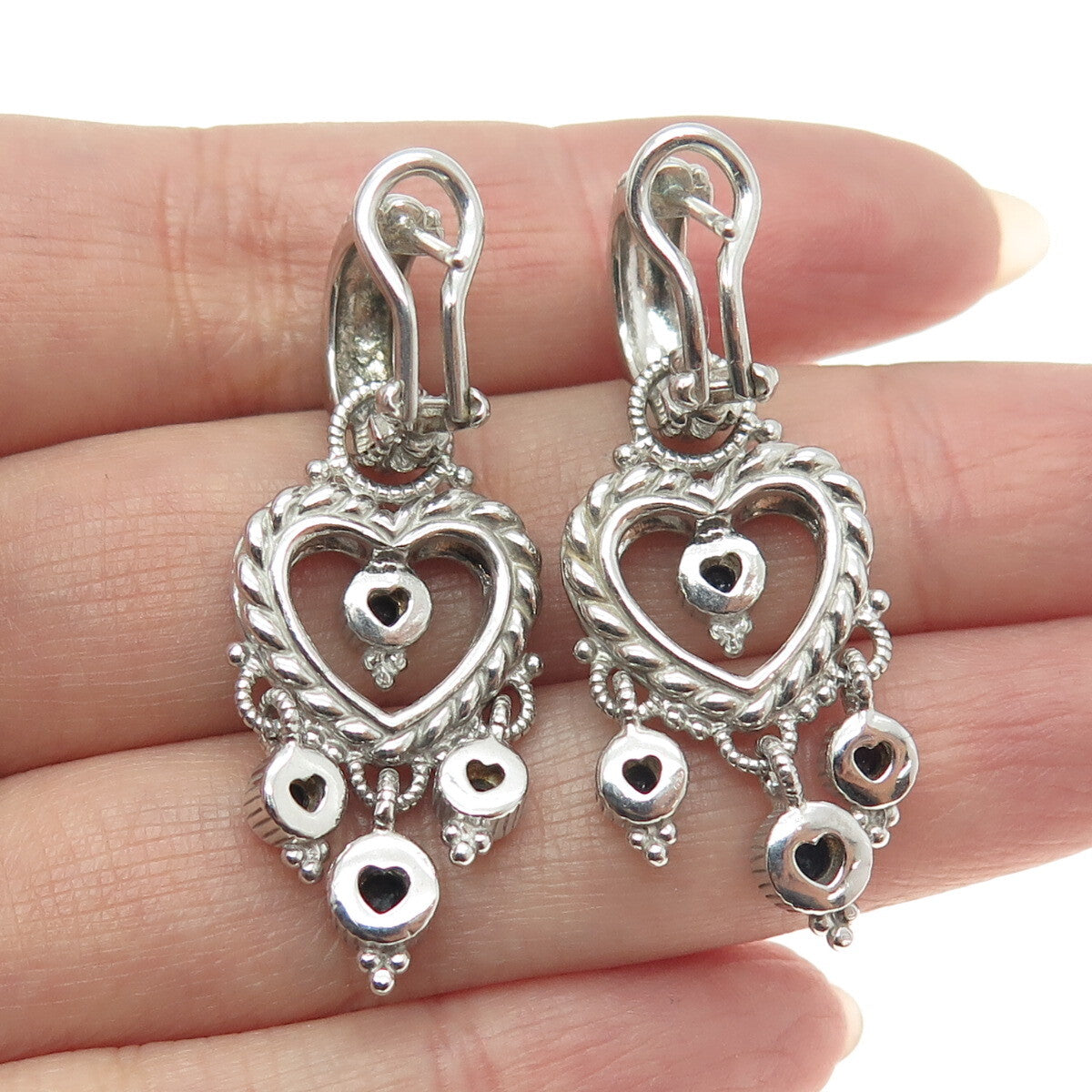 JUDITH RIPKA 925 Sterling Silver Real Sapphire Heart Charm Omega Back Earrings