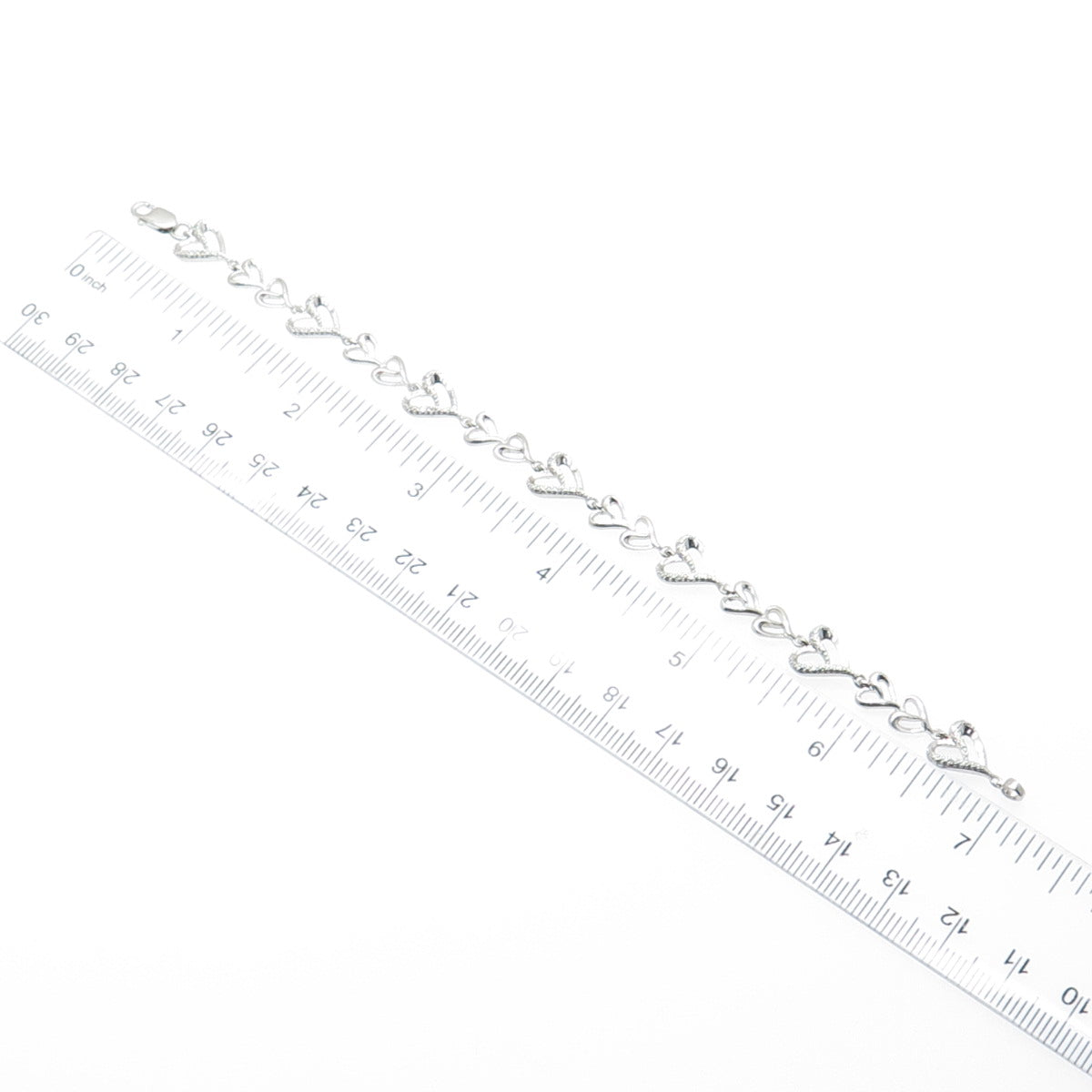 925 Sterling Silver Real Round-Cut Diamond Heart Link Bracelet 6.5"