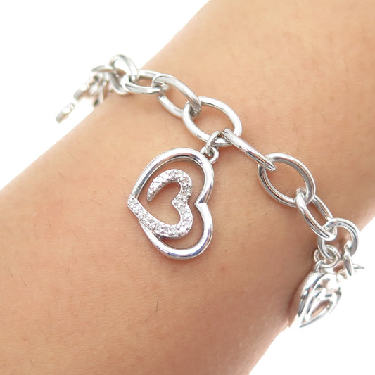 SLV Sadye L Vassil Sterling Silver Italy Real Diamond Heart Charm Bracelet 7"