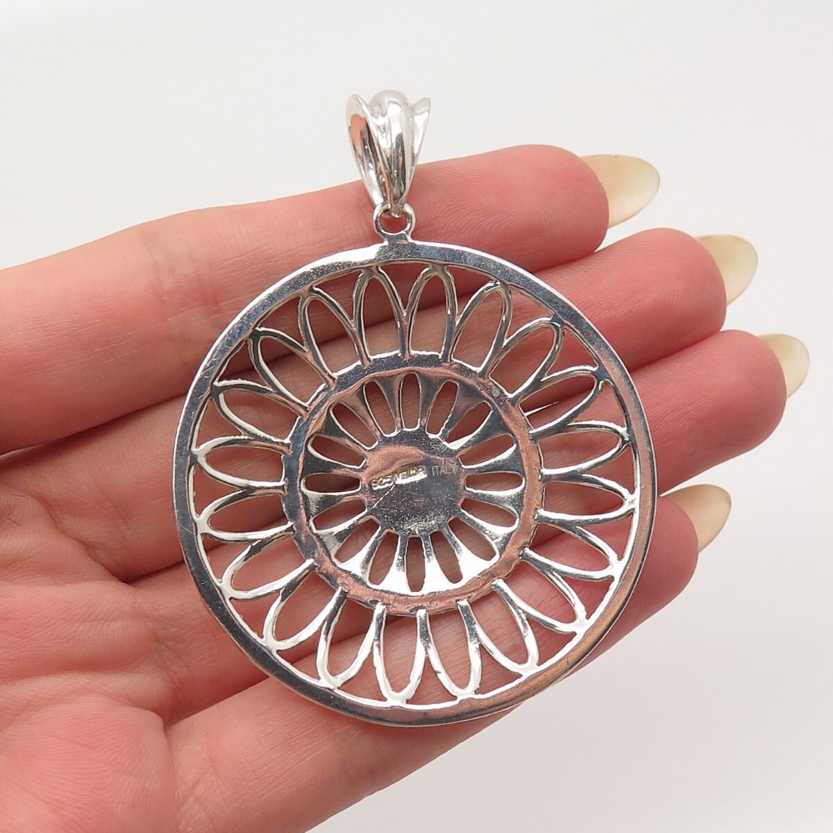 925 Sterling Silver Vintage Italy Milor Granulated Round Floral Pendant