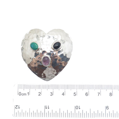 925 Sterling Silver Vintage Mexico Turquoise Amethyst Onyx Hammered Heart Brooch