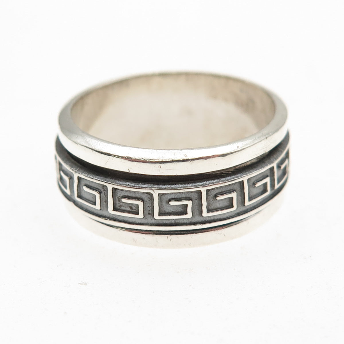 925 Sterling Silver Vintage Greek Key Oxidized Rotating Band Ring Size 9